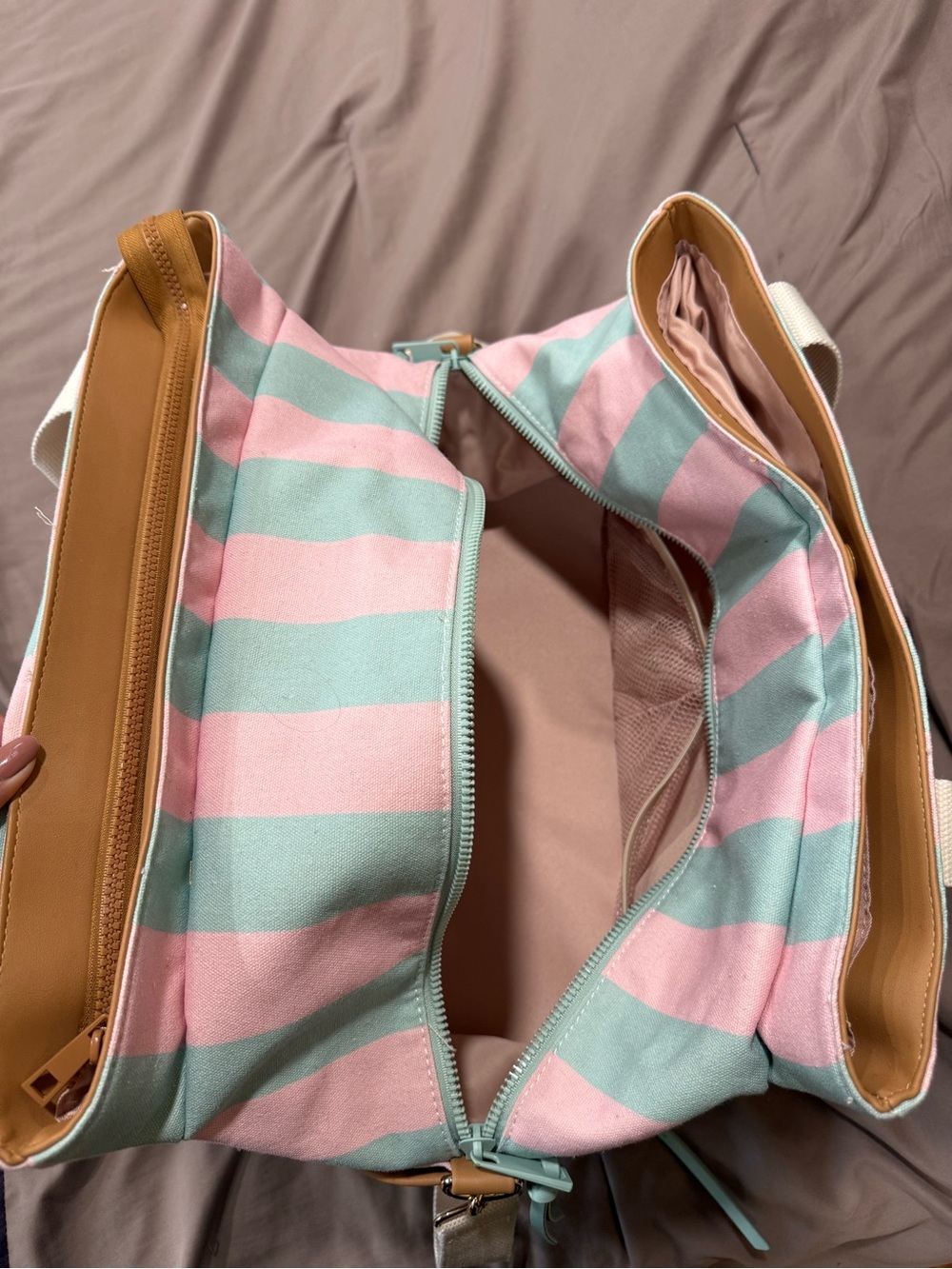 Poppy & Peonies Pink and Aqua Striped Canvas Tote with White Straps and Tan Trim - Picture 4 of 11